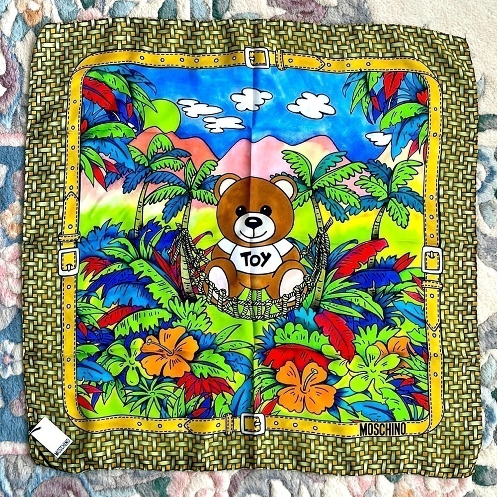 Brand New Moschino 100% Silk Square Teddy Bear Scarf Jungle Tropical Hawaii